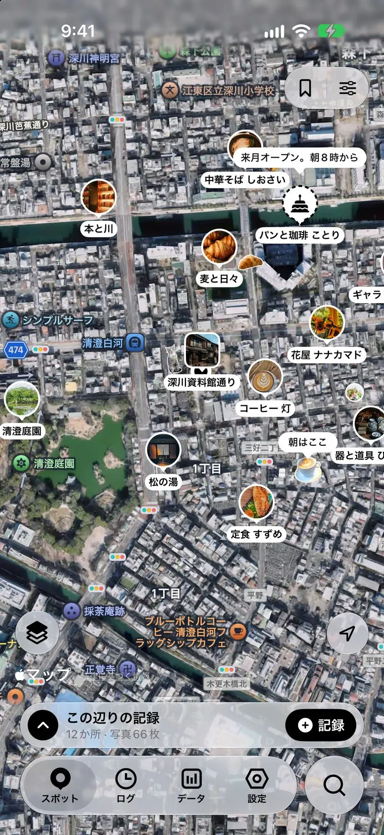 衛星表示のスポットタブ。写真つきのピンが並んでいる